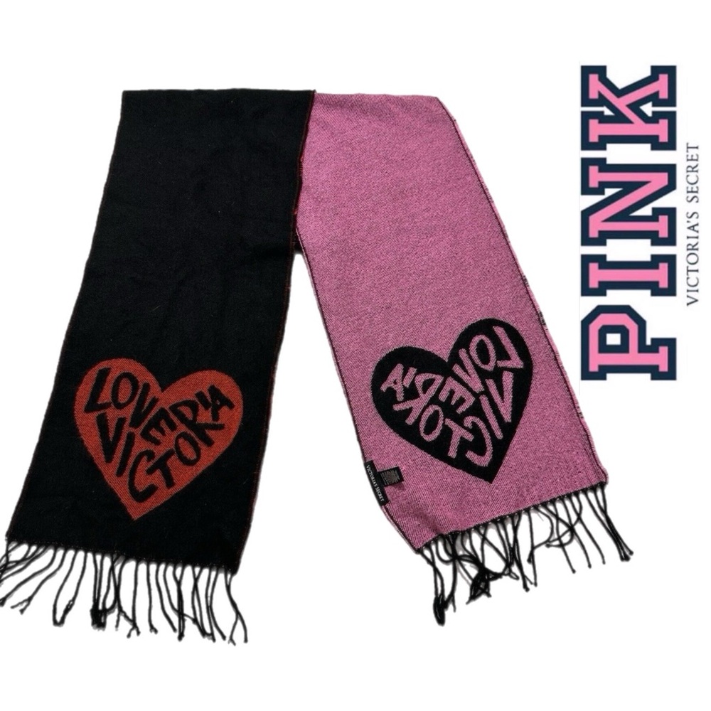 Victoria's Secret Black and Pink Heart Scarf with Fringe - 6087